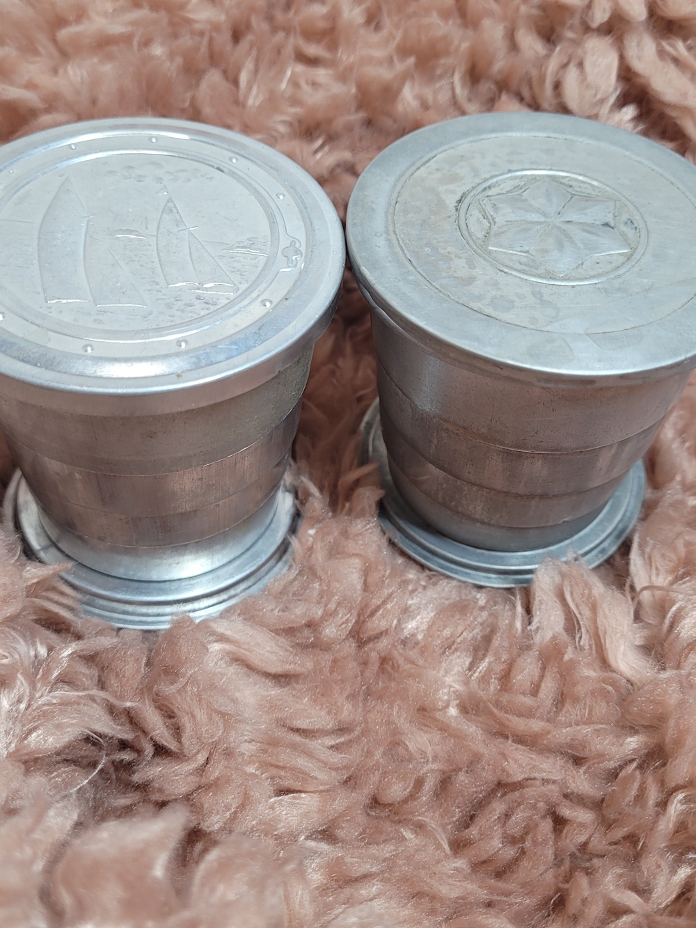 Vintage MCM Aluminum Collapsible Camping Cups - Sailboat & Nautical Star Lids